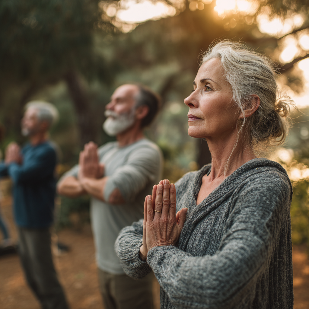 Middle-aged adults practicing gentle yoga movements in a serene natural setting
